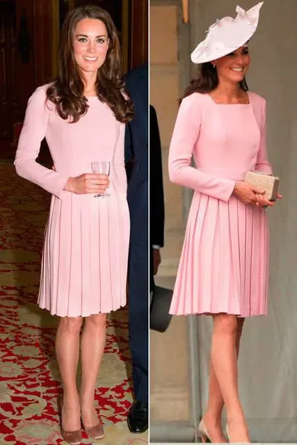 Klänningar Kate Middleton Dress Pink Elastic Satin Kort formella aftonklänningar med långa ärmar Knälängd Square Arabic Celebrity Dress R