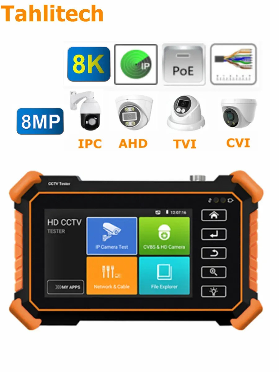 Отображение TAHLITECH 4 "8K IPC TESTER CCTV TESTER MONITION 8MPAHD CVI TVI CVBS TETER для Hikvision Camera Dahua Camera Huawei Camera