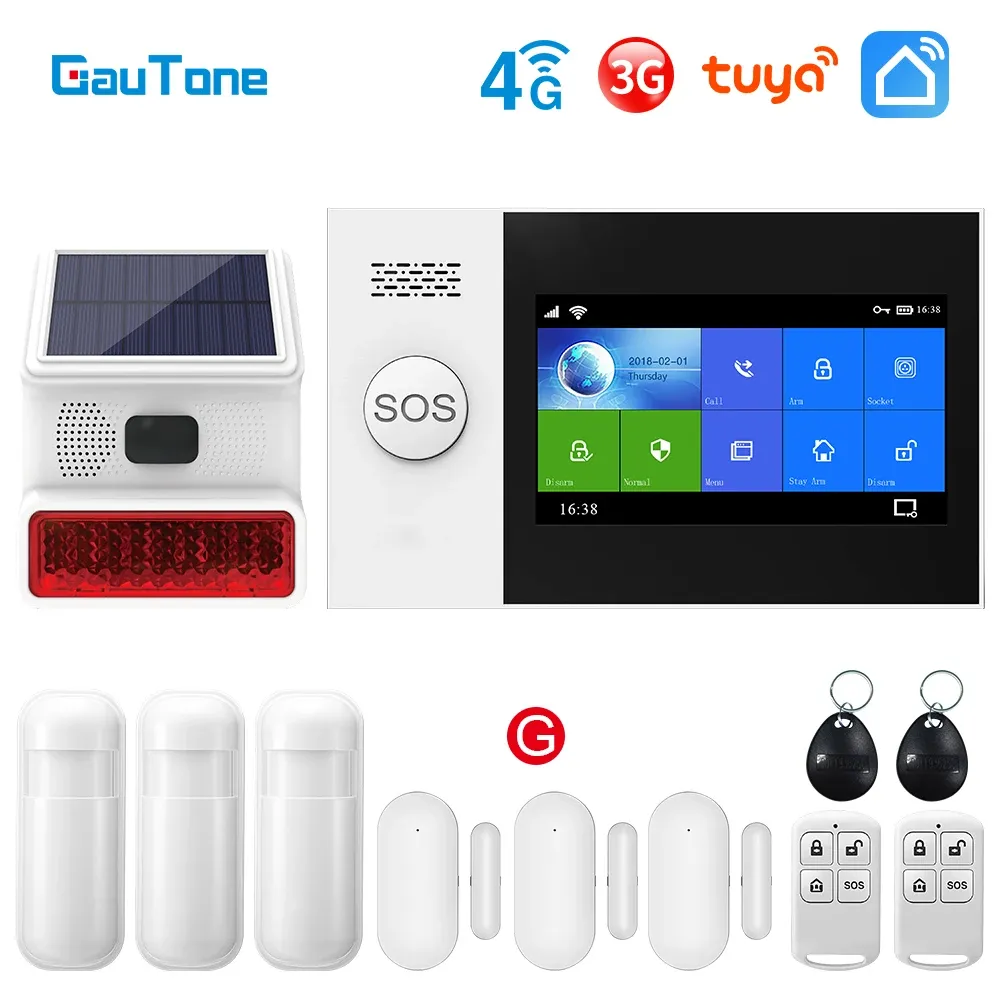 System Gautone Pg107 Wifi 4g Alarm System for Home Security with Pir Wireless Solar Siren Support Tuya Remote Control