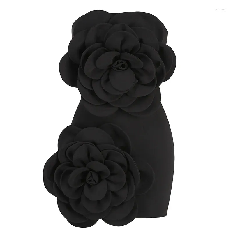Casual Dresses Mini Dress Woman Black 3D Flower Sleepes With Zipper Decorated Kirt Wedding Party One Step Vestidos