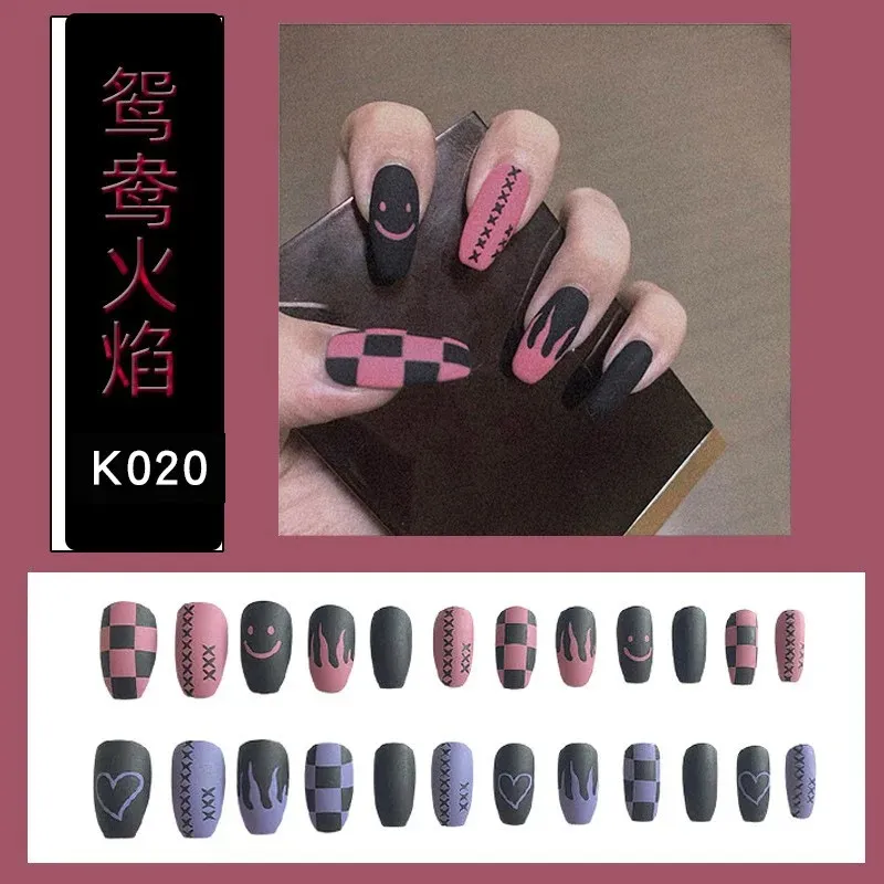 2024 24pcs/caixa unhas falsas tai chi branco e preto preto acabado unhas manchas de unhas ova