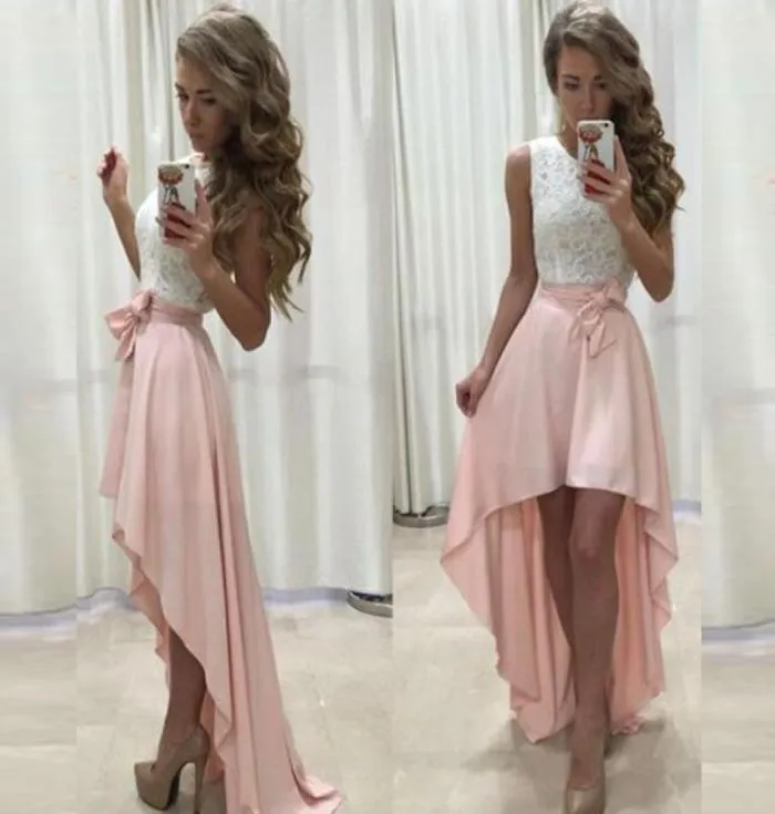 Dresses 2019 Charming High Low Prom Dresses Jewel Neck Sleeveless Lace Top Short Front Long Back Blush Pink Formal Party Gowns wit1415485