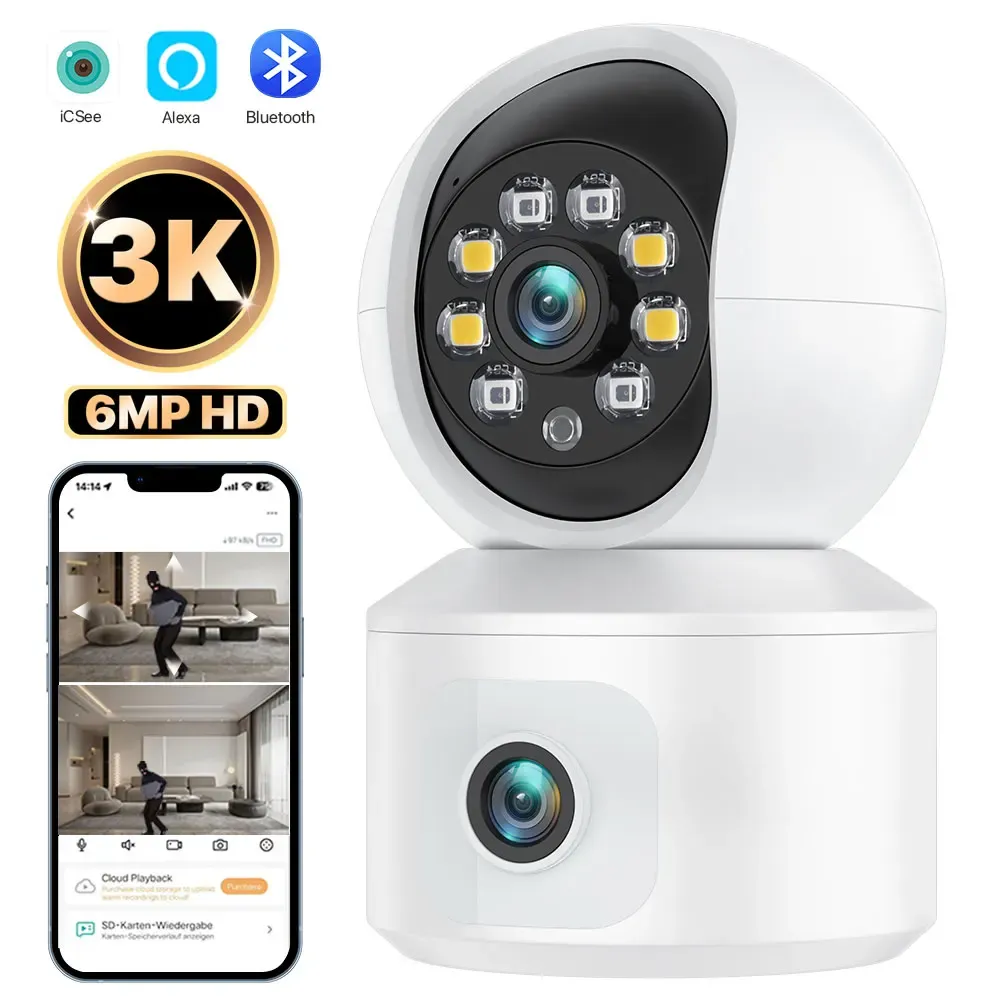 Caméras 6MP WiFi IP Camera Dual Lens Douber Screen Baby Monitor Home Security Camera PTZ Suivi Auto Tracking CCTV VIDEO