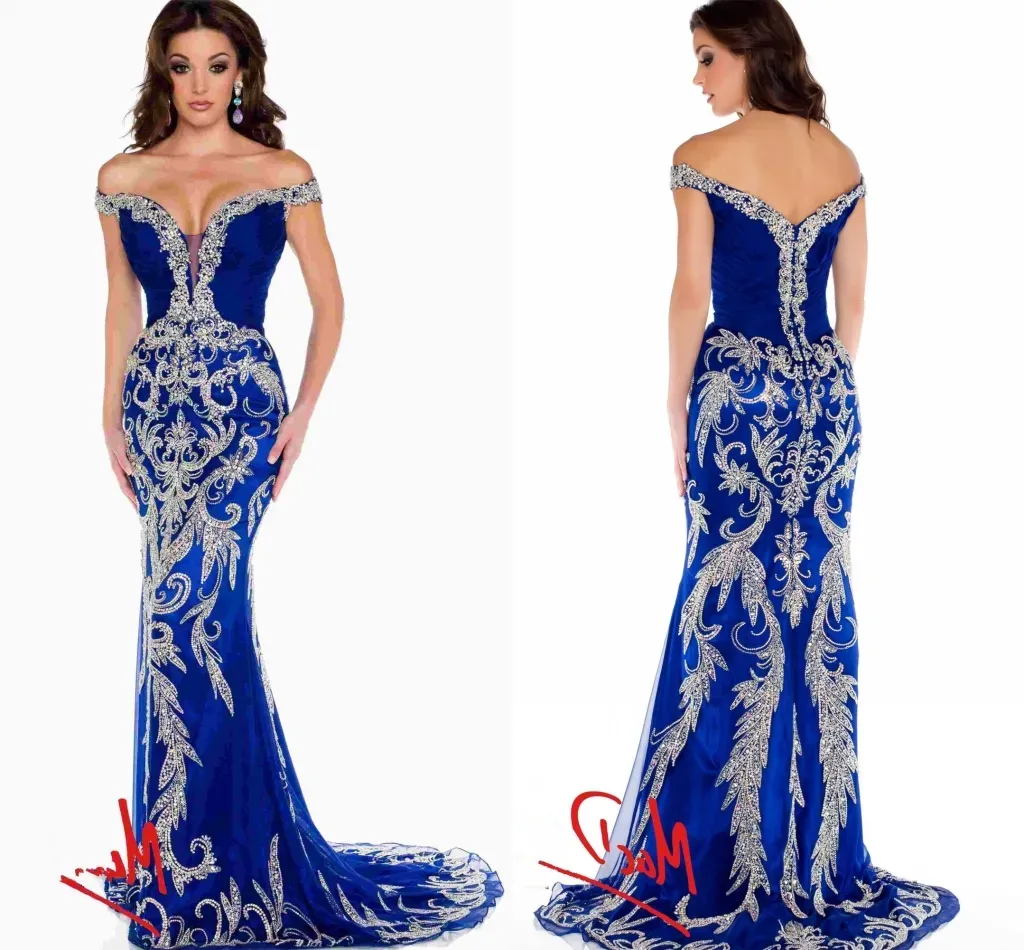 Kleider 2024 Abendkleider Luxus Designer Prom Kleid von der Schulterkristall Pailletten Bling Royal Blue Tulle Meerjungfrau Formale Festzug Go