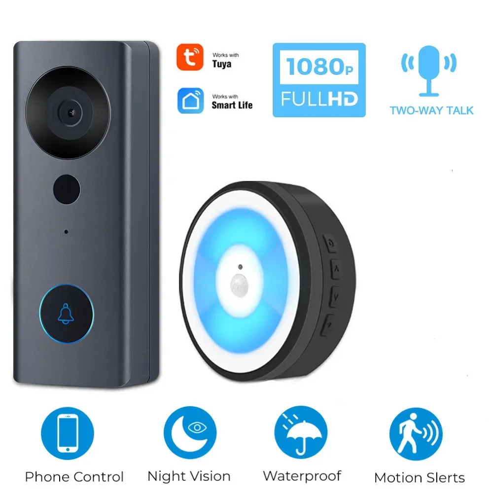 Doorbell Tuya Video Doorbell WiFi Wireless Wired Door Bell DC AC Batteri Powered 1080p 2MP Vattentät med Alexa Google Door Bell Camera