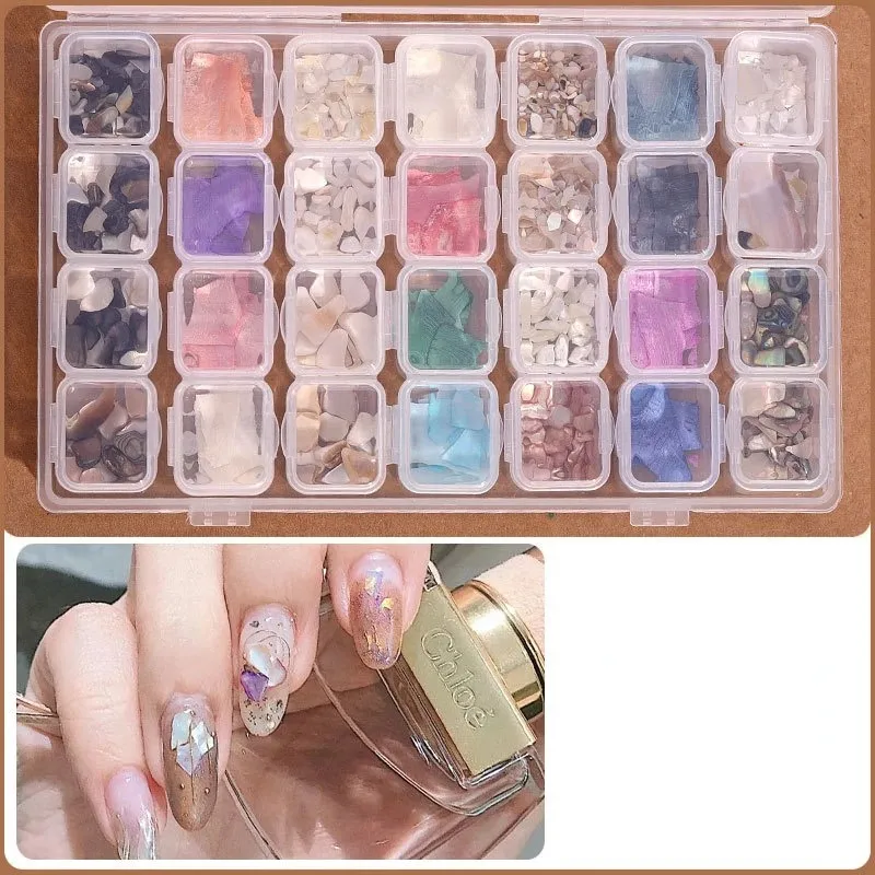 2024 Mixed 28 Grid Nail Accessories Pearl Rivet Steel Ball Shell Stick Gold Silver Foil Paper Nail Shop smycken Box - För nageltillbehör