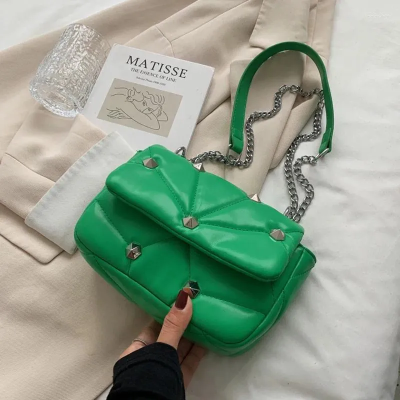 Shoulder Bags Green Small PU Leather Crossbody For Women 2024 Hit Winter Rivet Designer Luxury Chain Handbags And Purses