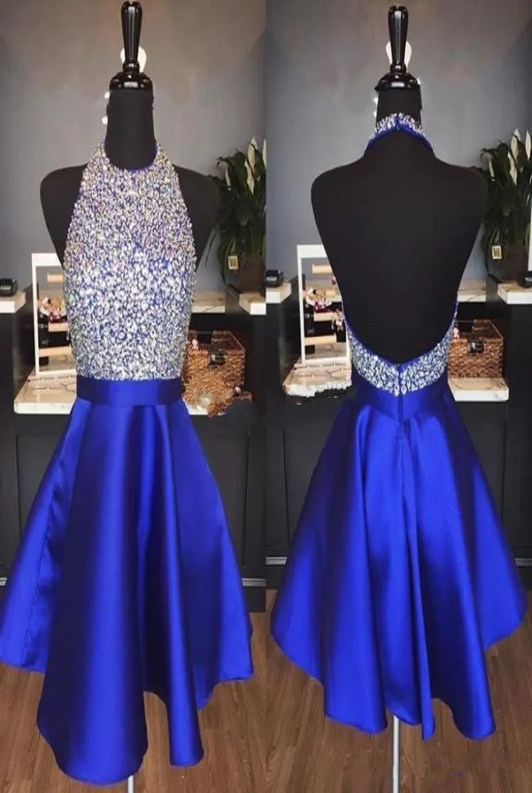 Royal Blue Satin eine Linie kurze Heimkehrkleider billige Perlensteine oben Rückenlesses Länge formelle Party Prom Cocktail Kleider1533538