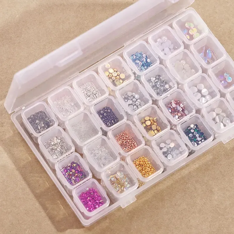 2024 Mixed 28 Grid Nail Accessories Pearl Rivet Steel Ball Shell Stick Gold Silver Foil Paper Nail Shop smycken Box - För nageltillbehör