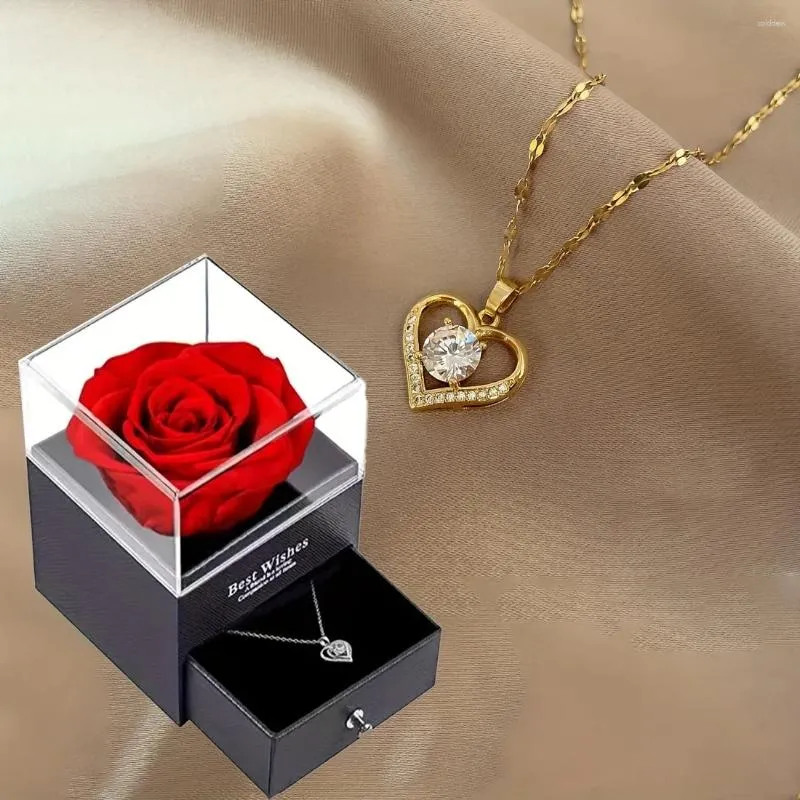 Pendant Necklaces Sparkling Heart Love Necklace With Luxurious Rose Gift Box For Girlfriend Mom Christmas Valentine 2024 Romantic