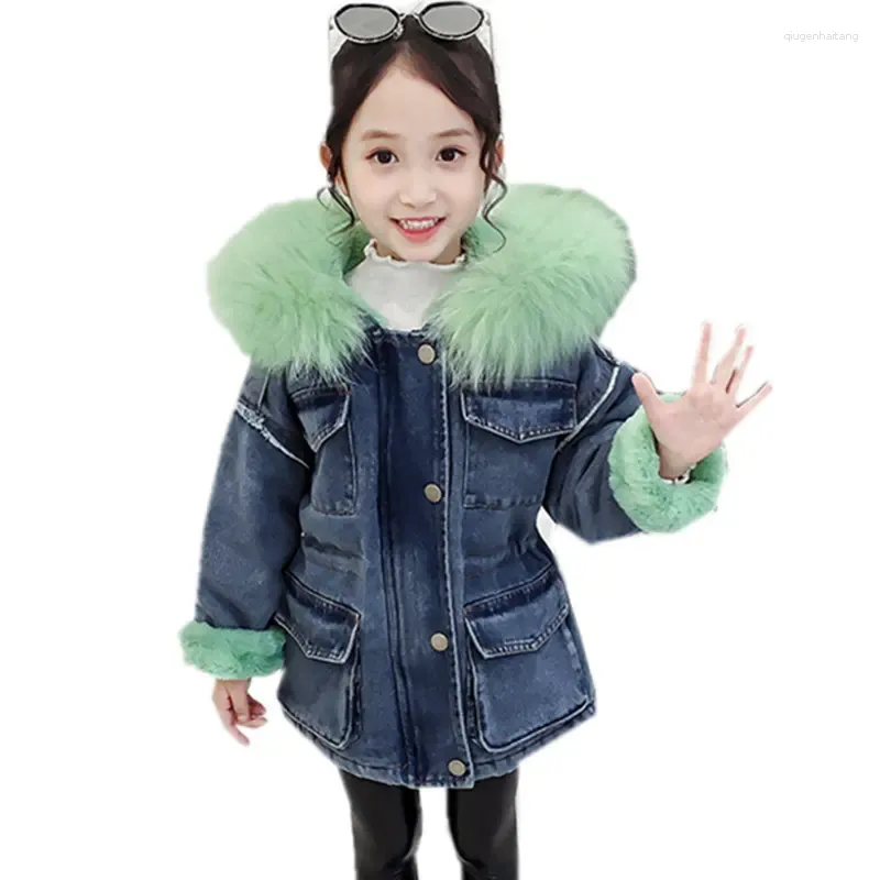 Down Ceket Koreli Retro Style Kids Denim Windbreaker Ceket Kürk Hoodies için Toddler Kızlar Moda Kot pençeli kapüşonlu hendek giysileri