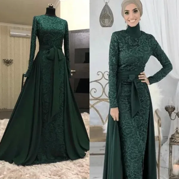 Kleider elegant dunkelgrüne muslimische Abendkleider abnehmbarer Zug formelle Kleid 2019 hoher Nacken Langarm Kleid Voller Spitze Arabischabend