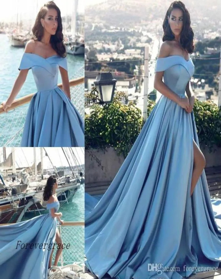 2019 Arabic Blue Formal Evening Dress Tani linia z ramion podzielona długie ubrania Formalne suknia imprezowa na zamówienie Plus 5897055