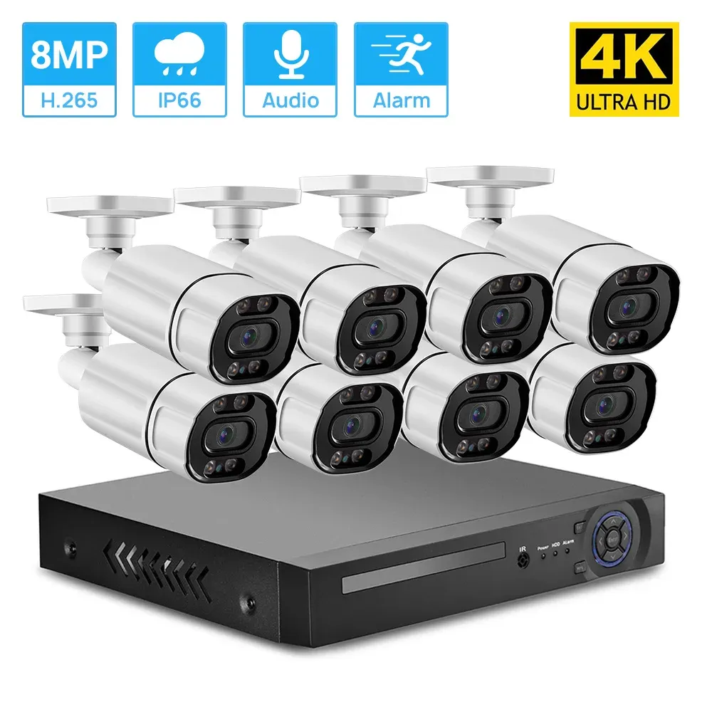 Système 4K Ultra HD Poe Security Camera System 8MP Poe NVR Set étanche Audio Record Motion Détection Couleur Nightvision H.265 P2P