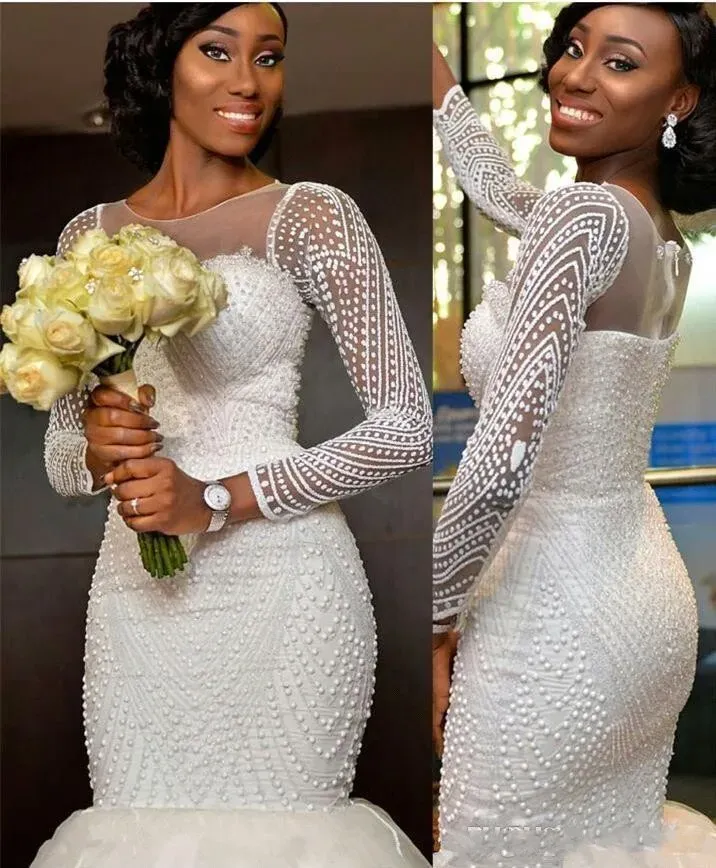 فساتين 2018 Bling African Nigeria New Mermaid Wedding Dresses Jewel Neck Sleeves Long Crystal Beaded Beaded Beaded Train Train Customal Bri