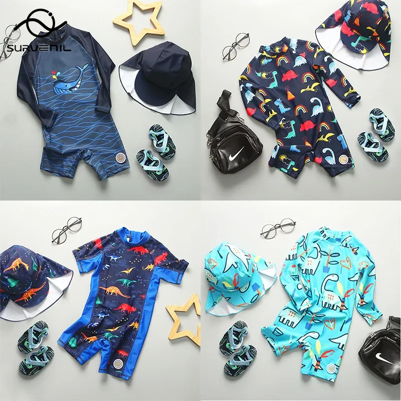 مجموعة ملابس سباحة للسباحة للسباحة ديناصور فتى بوي قطعة واحدة مع قبعة مضادة للأكمام طويلة الأكمام بدلة السباحة بدلة السباحة الأطفال