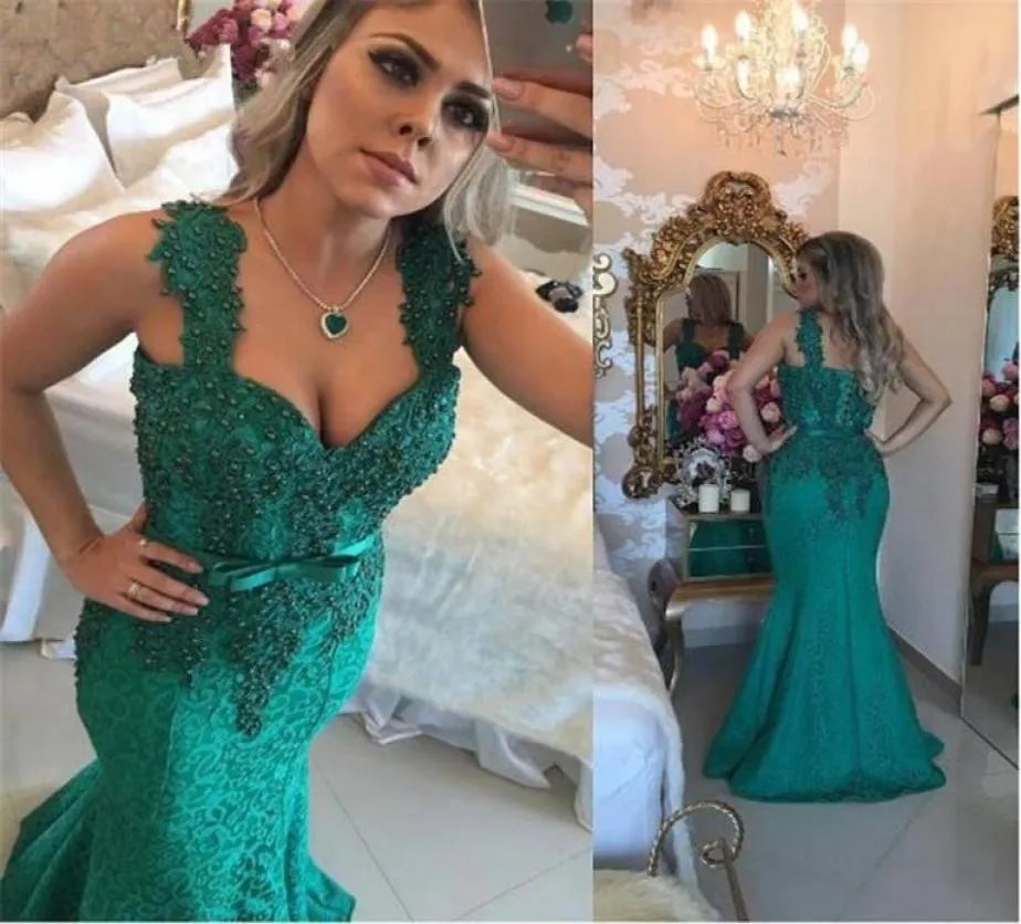 Designer Hunter Green Long Meerjungfrau Abendkleider Spaghetti Straps Perlen Arabische Spitzenapplikation Dubai Formal Kleider Party Kleid6447882