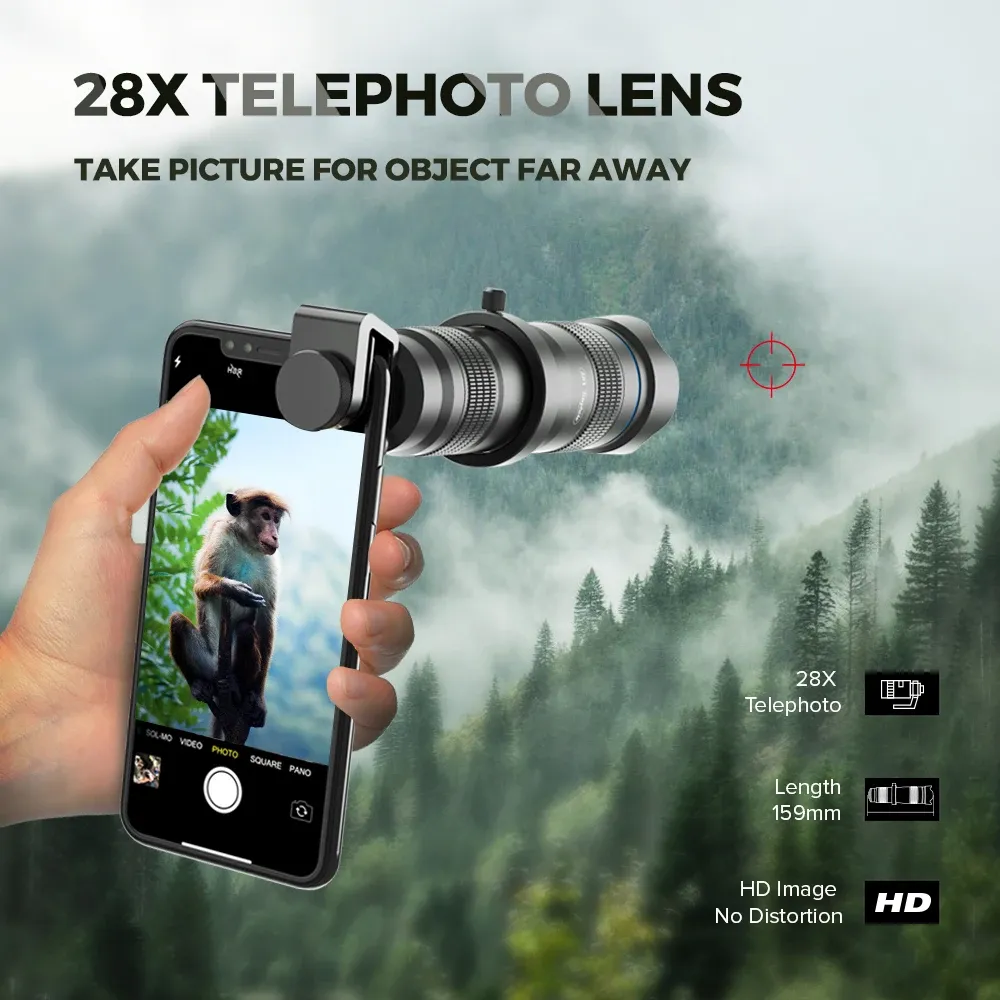 Lens Apexel HD 28x telezoomobjektiv Telefonkamera lins monokulärt med stativ för Huawei Xiaomi All smartphone jaktcamping