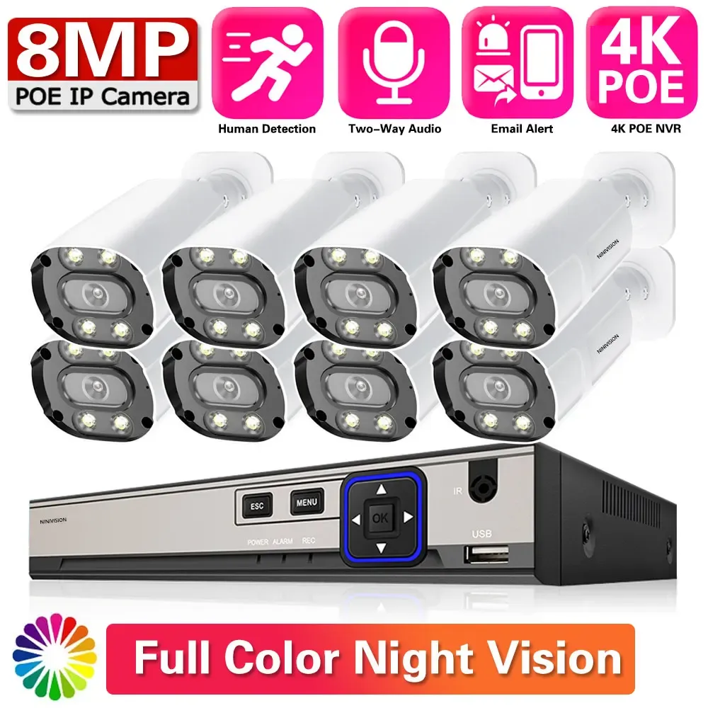 System Security Camera System 8CH 4K HD POE NVR Kit CCTV Two Way Audio AI Face Detect Outdoor Video Surveillance 8MP IP Camera Set