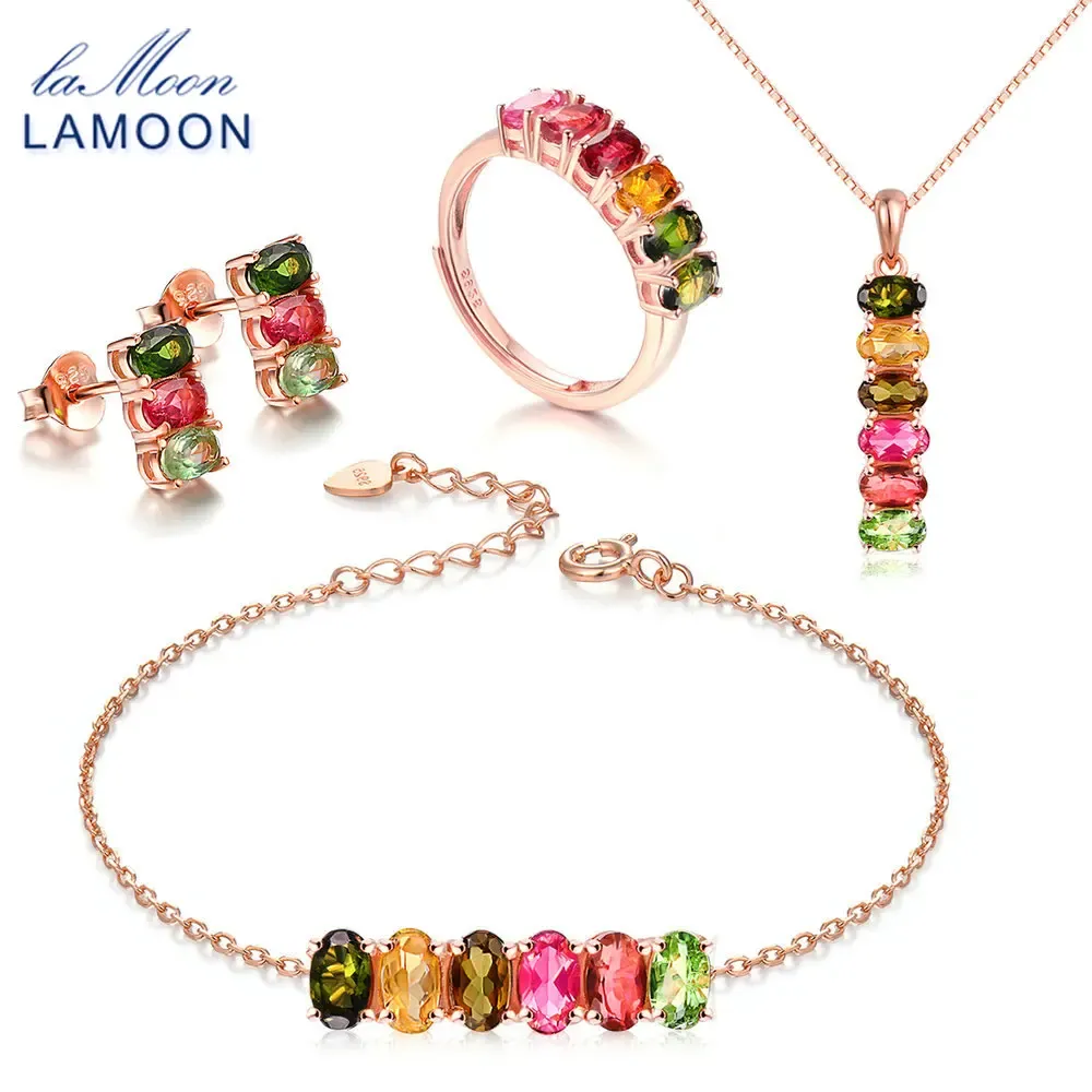 Verktyg LaMoon 100% Sterling Sier Jewelry Set Natural Gemstone Tourmaline S Fine Jewelry for Women Wedding Gift V0061