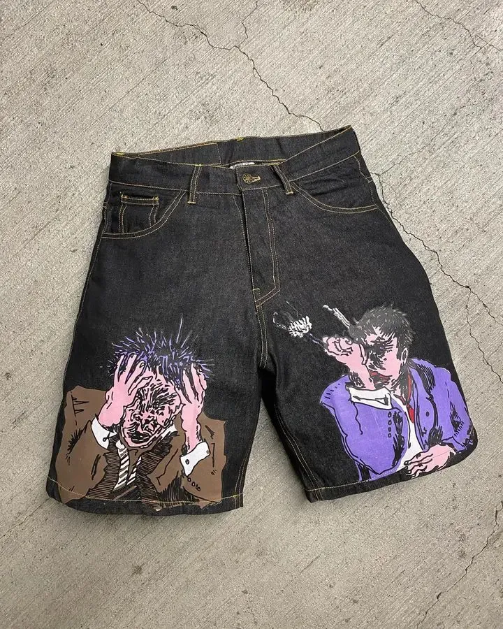 Streetwear Shorts Y2K Pants Hip Hop Anime Cartoon Graphic Print Retro Black Denim Gym Men Womens Basketball 240402