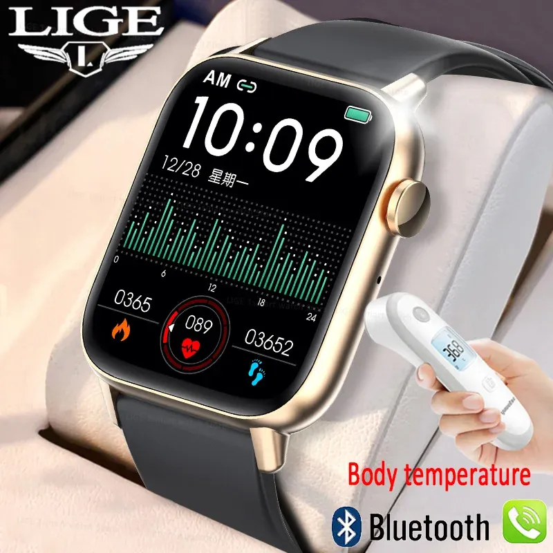 Horloges Lige 2022 Bluetooth Call Smart Watch -temperatuur Full Touch Sport Fitness horloge waterdichte vrouwen smartwatch voor mannen Android iOS