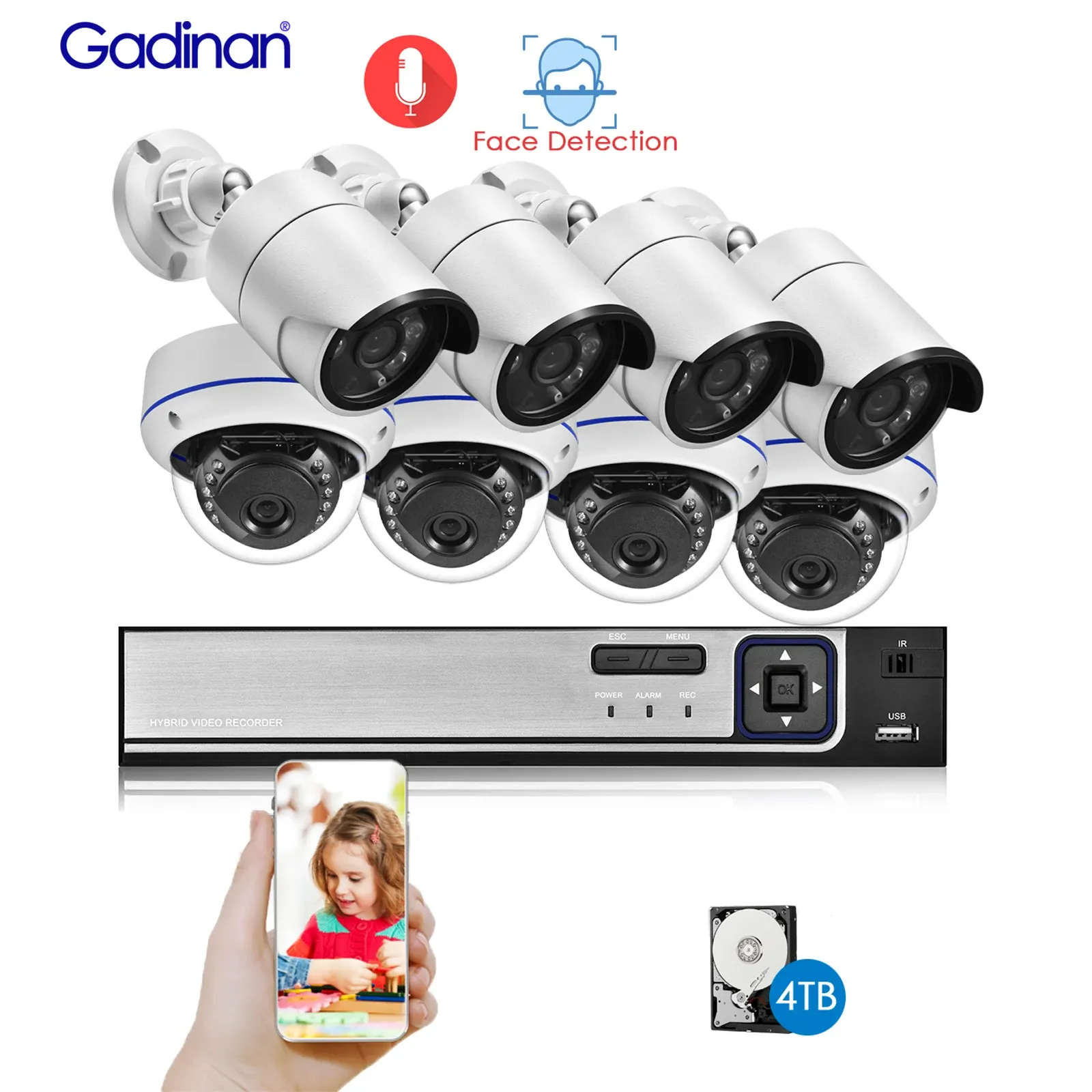 System Gadinan 8CH 5MP POE NVR CCTV Security Camera System Face Detection Outdoor 5MP Audio IP Camera Record P2P Video Surveillance Kit