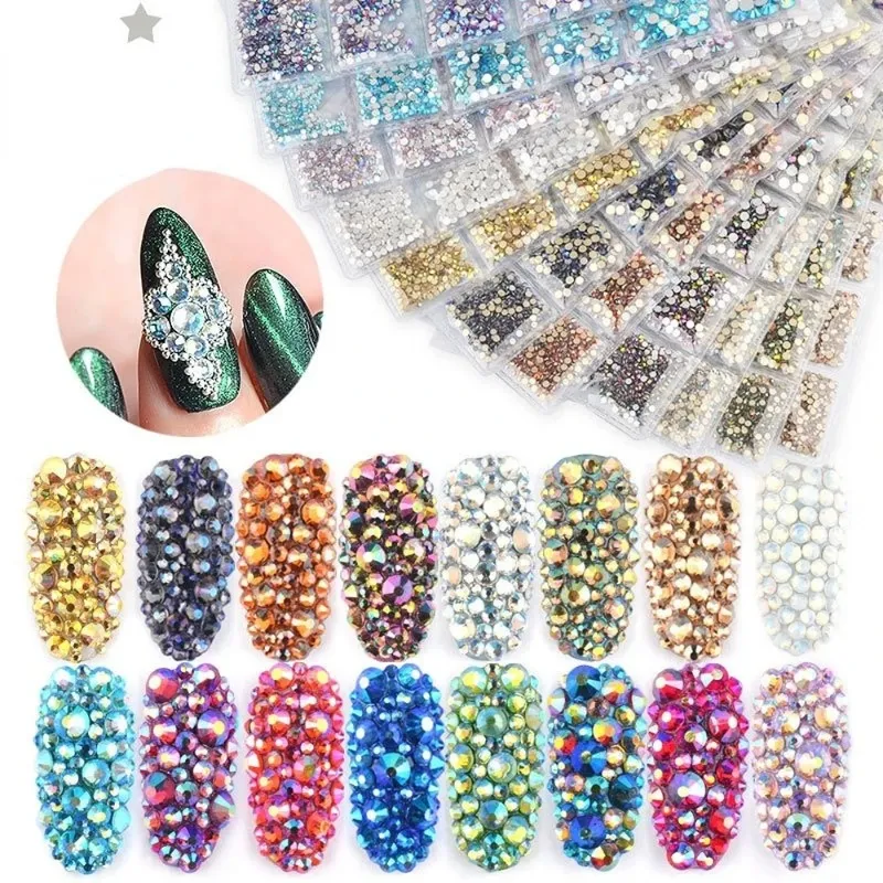 2024 12 roosters/set nagel glitter rhinestones zilveren vlakke bodem boor diamant voor uv nagellak gemengde maat regenboog nagel sieraden - voor nagel