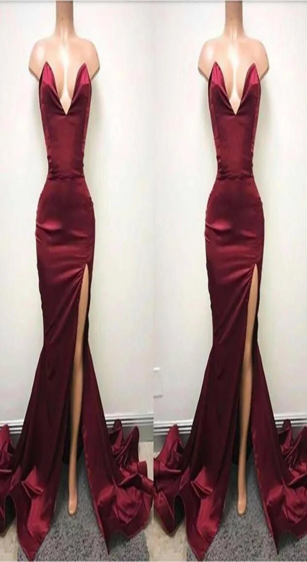 2017 New Sexy Dark Red Sweetheart Mermaid Prom Dresses High Side Split Evening Dresses Cheap Custom Made Party Gowns6333050