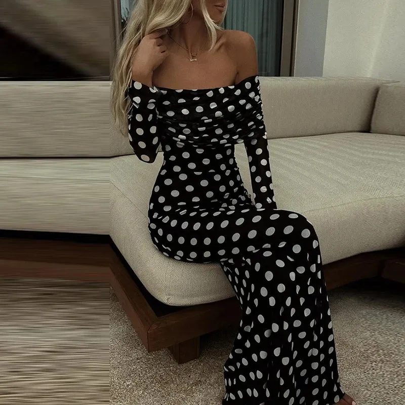 Elegant Slash Neck Long Manchez Party Robe Fashion Polka Dot imprimé Bodycon Robe Femme Sexy Mesh Hight Robes longues 240318