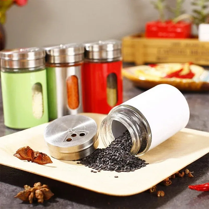 New Spice Jar Stainless Steel Glass Pepper Shaker Bottle Seasoning Condiment Seal Storage Bottles Cooking Kitchen Tools 82x50mm