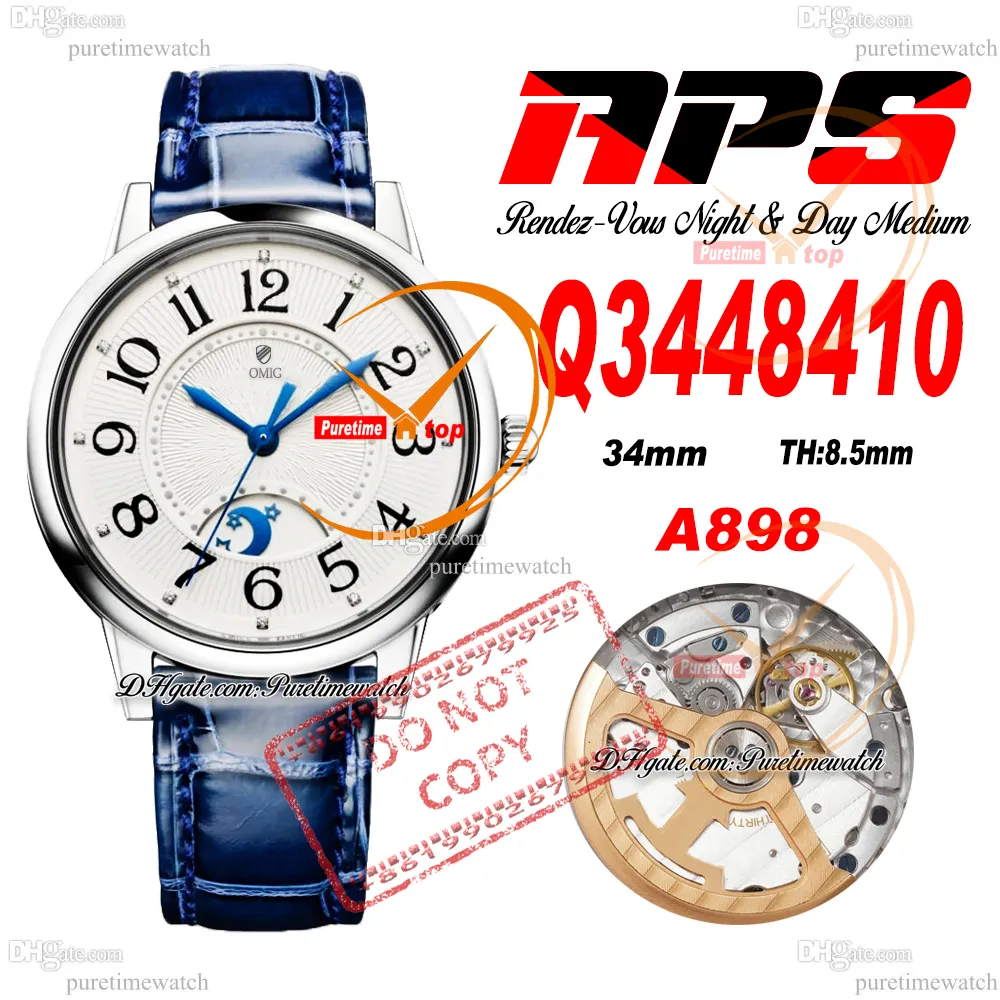 34 mm Q3448410 A898 Automatyczna Women Watch Rendez-Vous Night Day APSF Case White Tekstrutowane wybieranie niebieskie skóra super edycja ladies hombre puretime ptjl