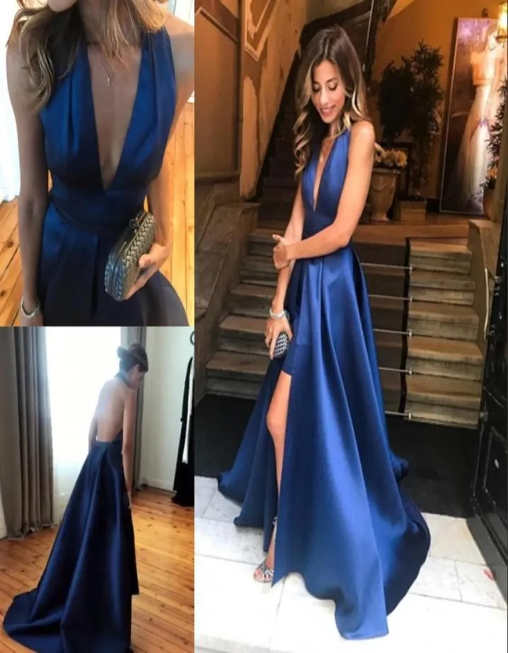 Veck Halter Neck Prom Dresses Sexig främre delad ärmlös satin svep Tåg Kvällsklänning Ny ankomst Billig lång formell Aline P7049309