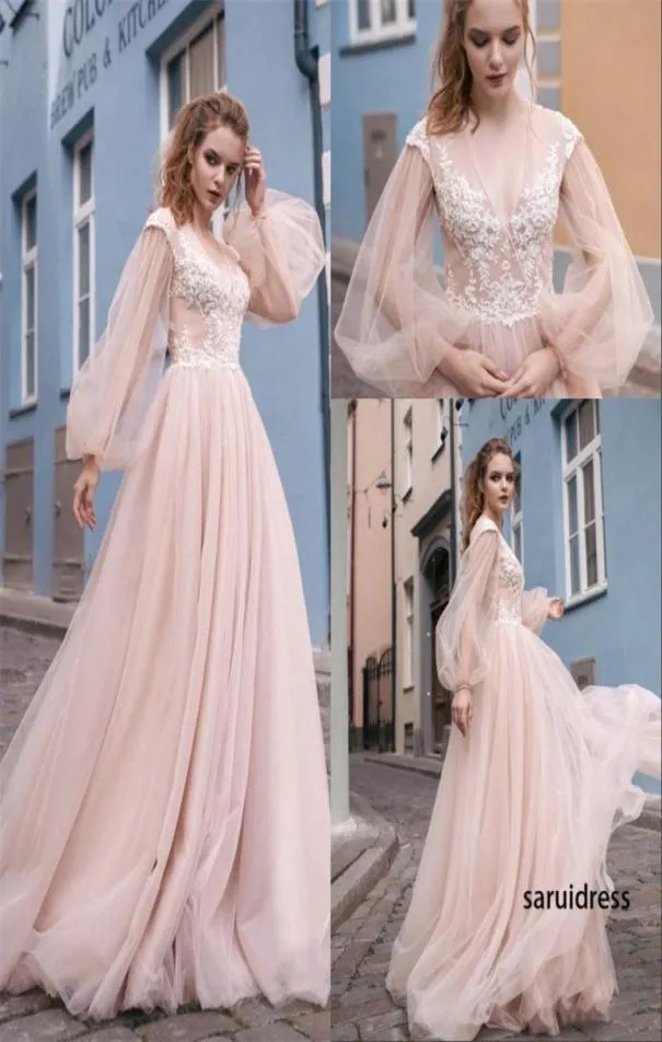 Lange mouw vneck lagen tule beroemde jurken Afrikaans Arabisch nieuwe blush roze avondjurken prom feestje slijtage4367856