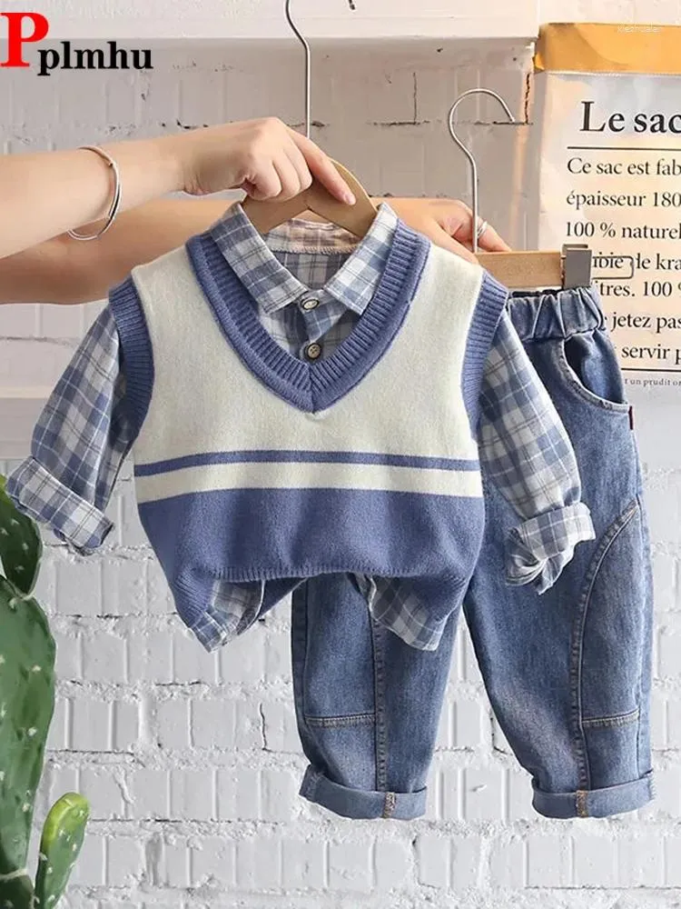 Ensembles de vêtements Spring Fall Boys 3 Pieds Ensemble V Cou couché Couchée Tops Plaid Shirts Elastic Wair Harem Jeans tenue Casual Children Ensemble