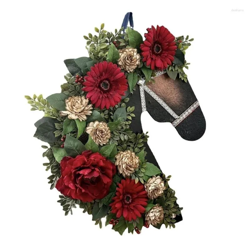 Flores decorativas Frega de Natal para ornamento da porta da frente Holida de ornamento com criativo Cabeça de cavalos Design de fazenda decoração de casa