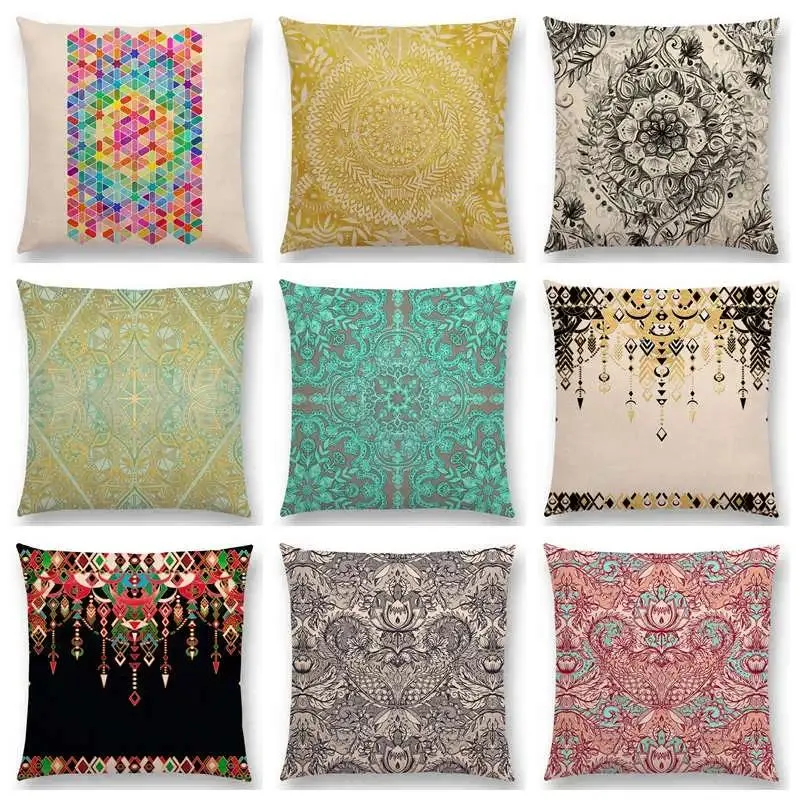 Kussen boho kunst kleurrijke bloemen prachtige bloemige doodle geometrie mandala decoratieve patroonomslag sofa throw case