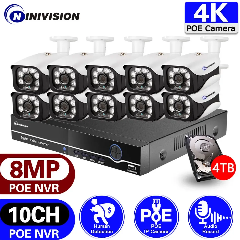 System 4K Ultra HD 8MP POE NVR Kit 10CH Human Detection CCTV Security Camera System 8CH IP Bullet Camera Video Surveillance System Set