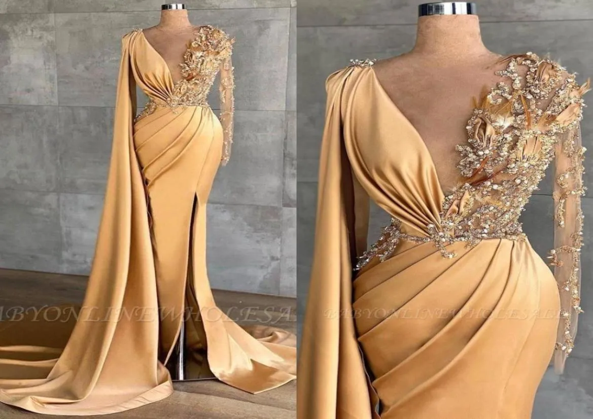 Stunning Gold Yellow Prom Evening Dresses Deep V Neck Sheer Long Sleeve Beaded Crystals Luxury Party Celebrity Gowns BC9469 06153710787