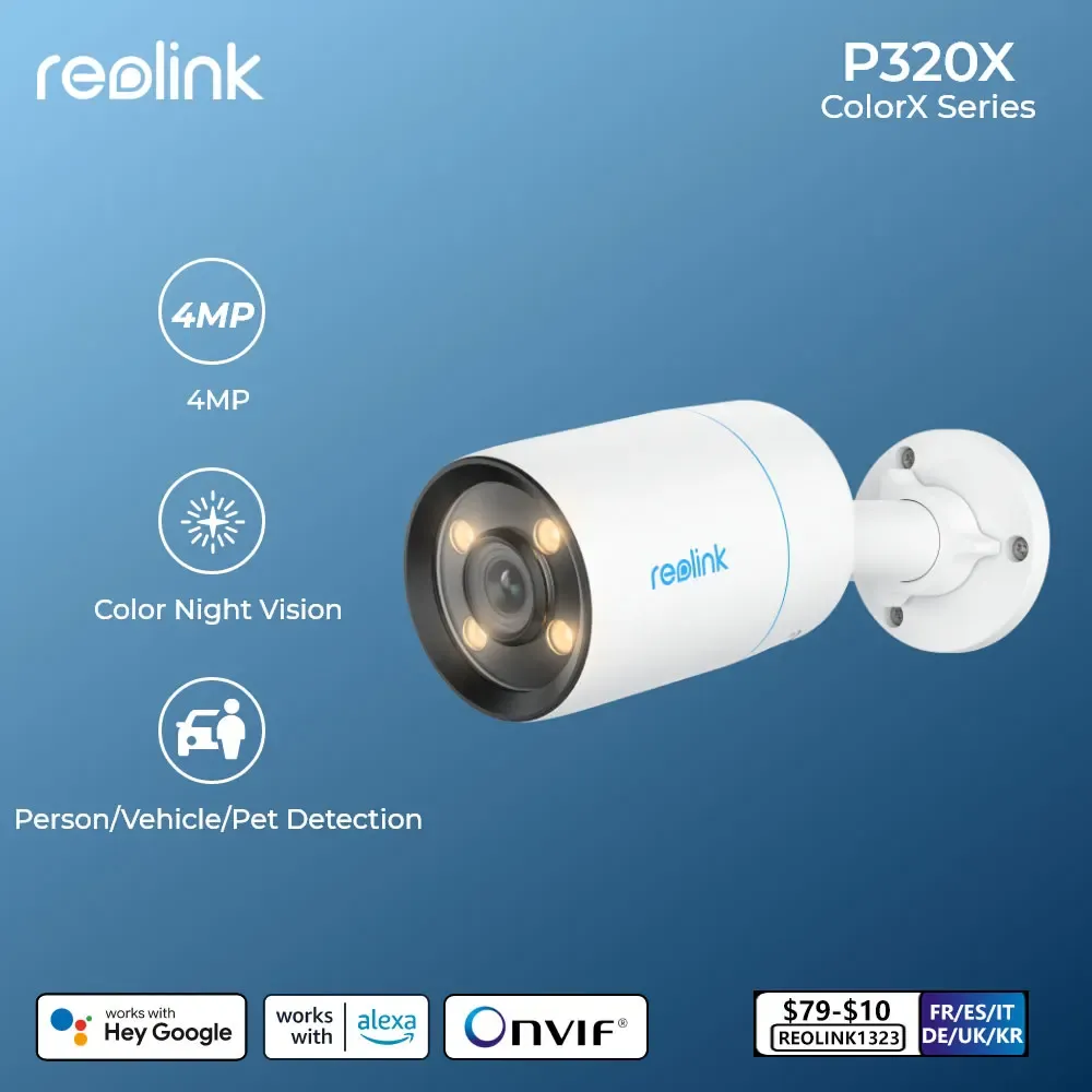 Cameras Reolink Colorx 2K Poe Caméra de sécurité extérieure avec F1.0 Aperture 4MP IP Camera réglable Light Warm Smart Ai Détection P320X