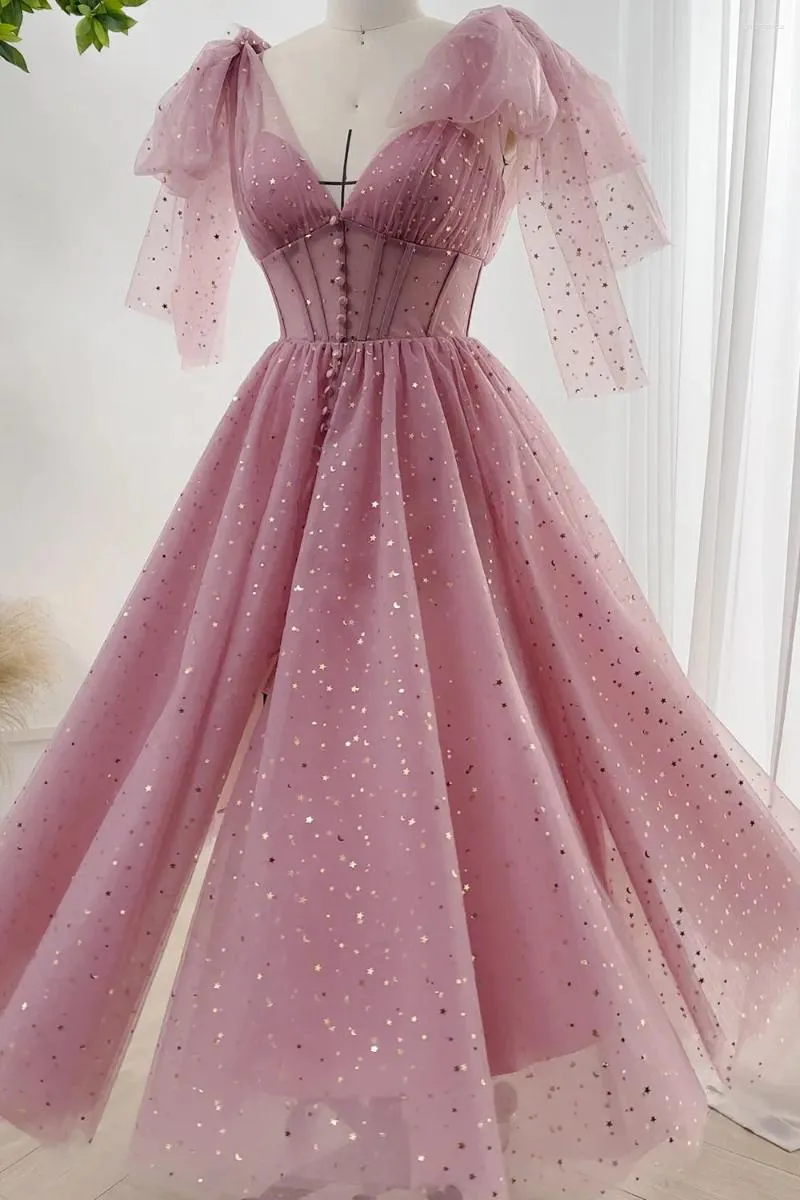 pink star prom dress Princess Straps Peach Pink Formal homecoming Dress,Star Tea Length Pro   DSProm