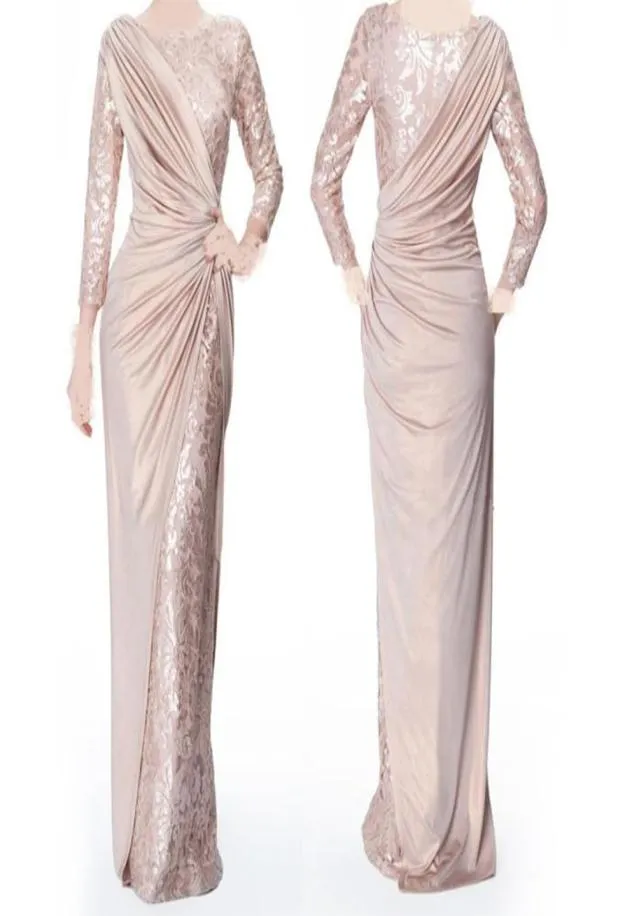 Maniche lunghe rosa su misura perle abiti da sposa madre per sposa per il collo di gioiello da sposa pieghe eleganti lunghezza del pavimento formale evenin4393824