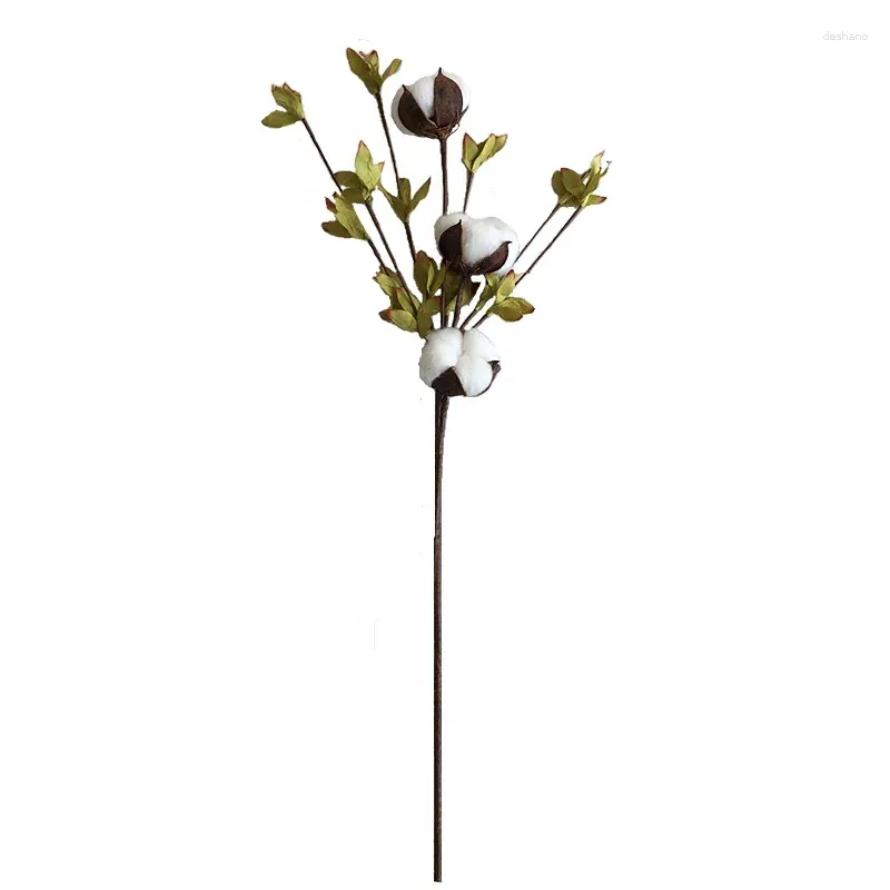 Decorative Flowers 3 Head 20 Inch Artificial Cotton Boll Flower Stem Green Leaves Branches Natural Dried Farmhouse Decor