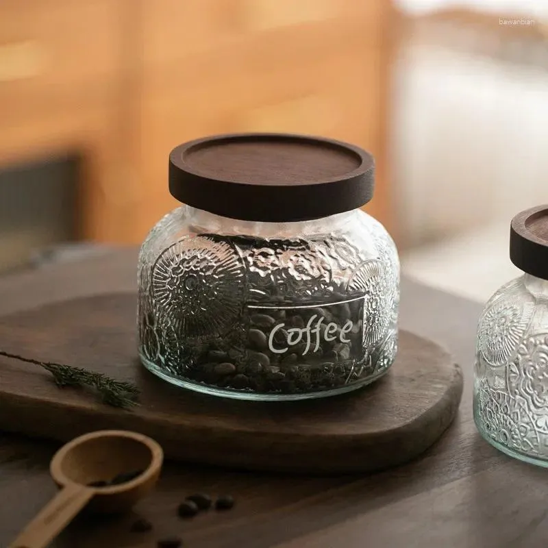 Storage Bottles Coffee Bean Jar Moisture-proof Glass Ebony Sandalwood Retro Relief Sealed Can Kitchen Food Tank