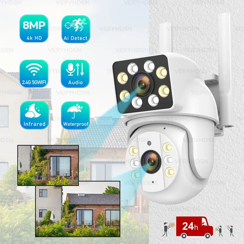 Kameror 1/4st Dual Lens 5G WiFi Camera CCTV IP Surveillance Color Night Vision Outdoor Waterproof Security Protection Wireless Monitor