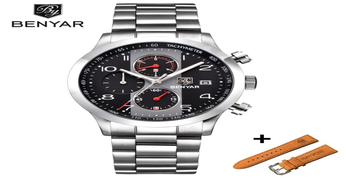 Benyar New Fashion Chronograph Sport WatchesセットメンズレザーストラップブランドクォーツブルーウォッチクロックRelogio Masculino reloj hombre5242647