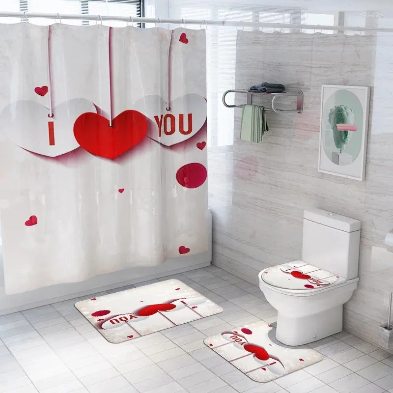 Duş Perdeleri Seni Seviyorum Beyaz Sevgililer Günü Banyo Perdesi Set Anti Slip Padistal Halı Kapağı Tuvalet Kapak Banyo Mat Hooks