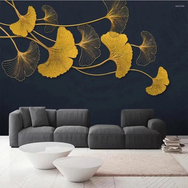 Tapety Milofi Niestandardowa duża tapeta Mural 3D Modern Light Luksusowe Złotą Linię wytłoczoną Ginkgo Leaf Streszczenie Tło