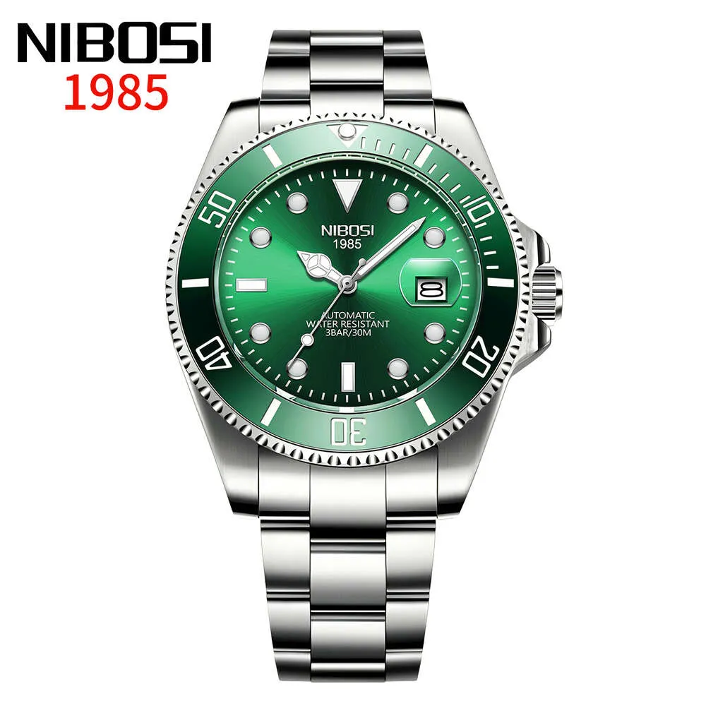 27 Nibosi Fully Automatic Men's Mechanical Green Waterproof Night Light Calendar Steel Band Watch