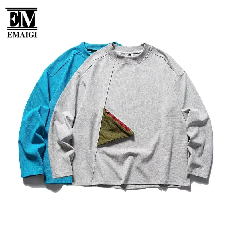 Män fast färg 3D Pocket Lång ärm Loose Casual Cityboy Pullover Sweatshirts Man Teenager Streetwear Fashion Hoodies 240320